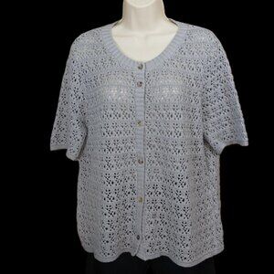 Skovhuus Short Sleeve Cardigan Button Front Sweater Grey Knit Granny Core L